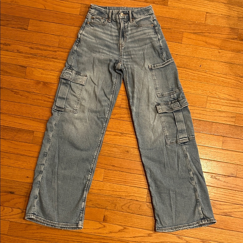 AE Outfitters Curvy Super High Waisted Baggy Wide-Leg Cargo Jeans Sz-000